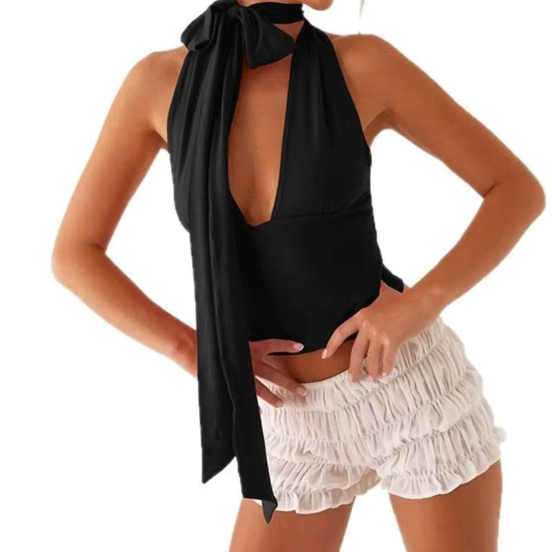 Débardeur Halterneck Femme Nouvelle Collection Été Couleur Unie Décolleté Plongeant à Lacets Sexy Sans Manches Dos Nu