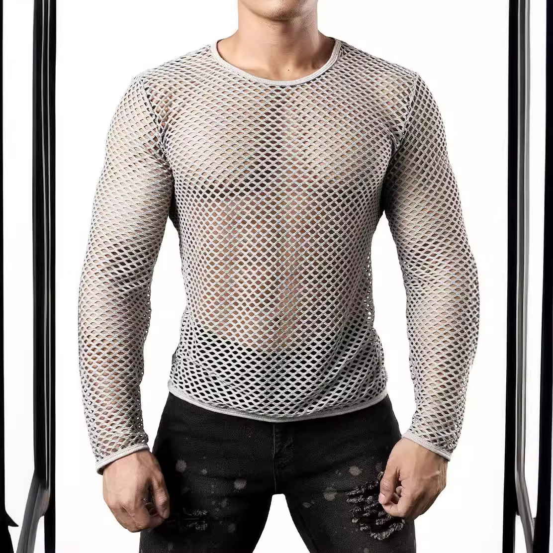 2025 hommes t-shirt maille Transparent col rond à manches longues T-shirts Sexy Streetwear mode fête discothèque