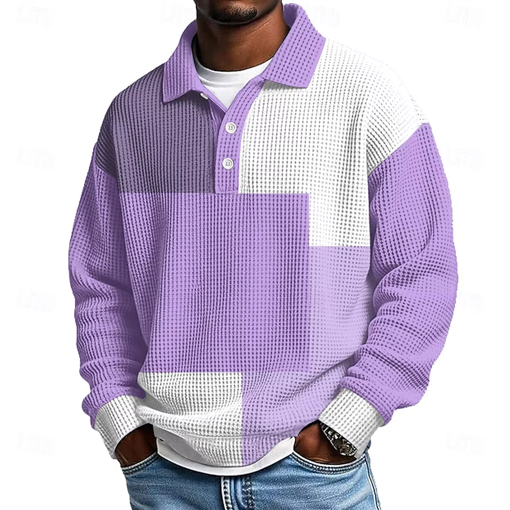 Polo rétro à manches longues pour homme – Haut à col rabattu color block pour les sorties décontractées
