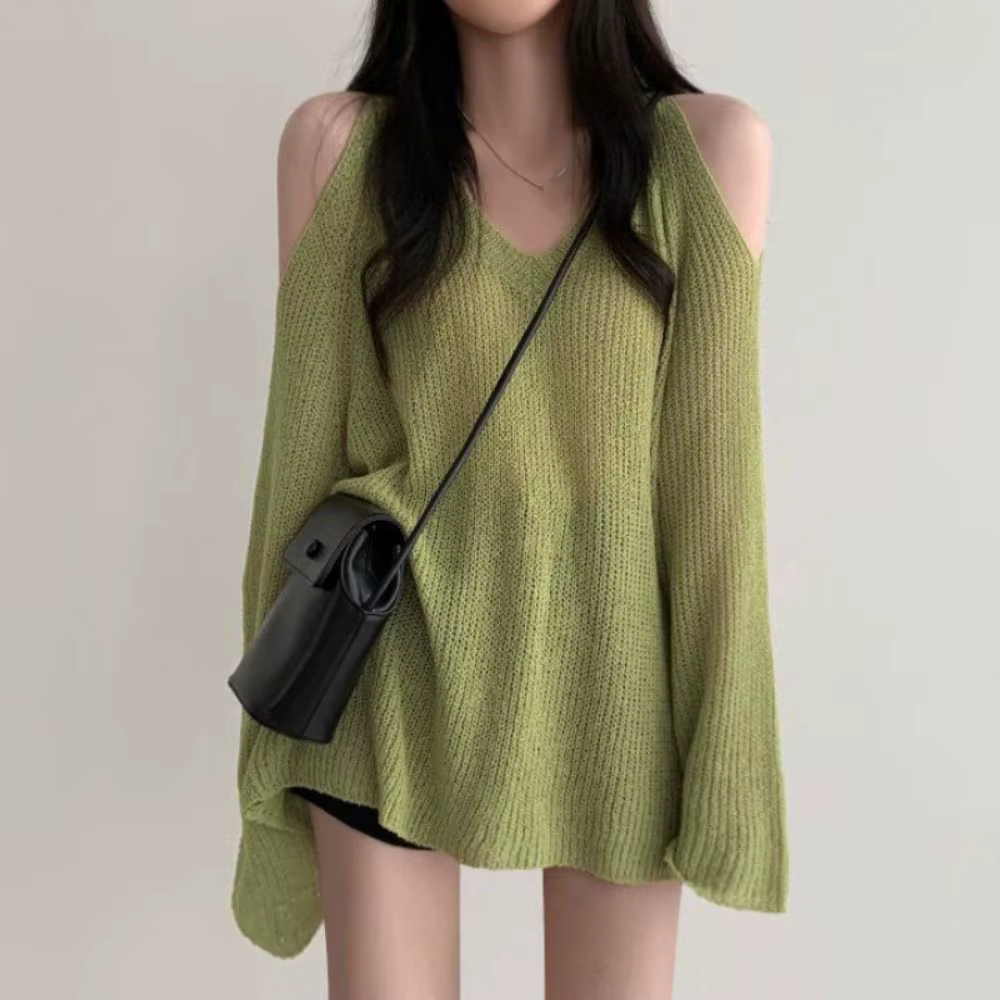 T-shirt long chic en maille ajourée à manches longues