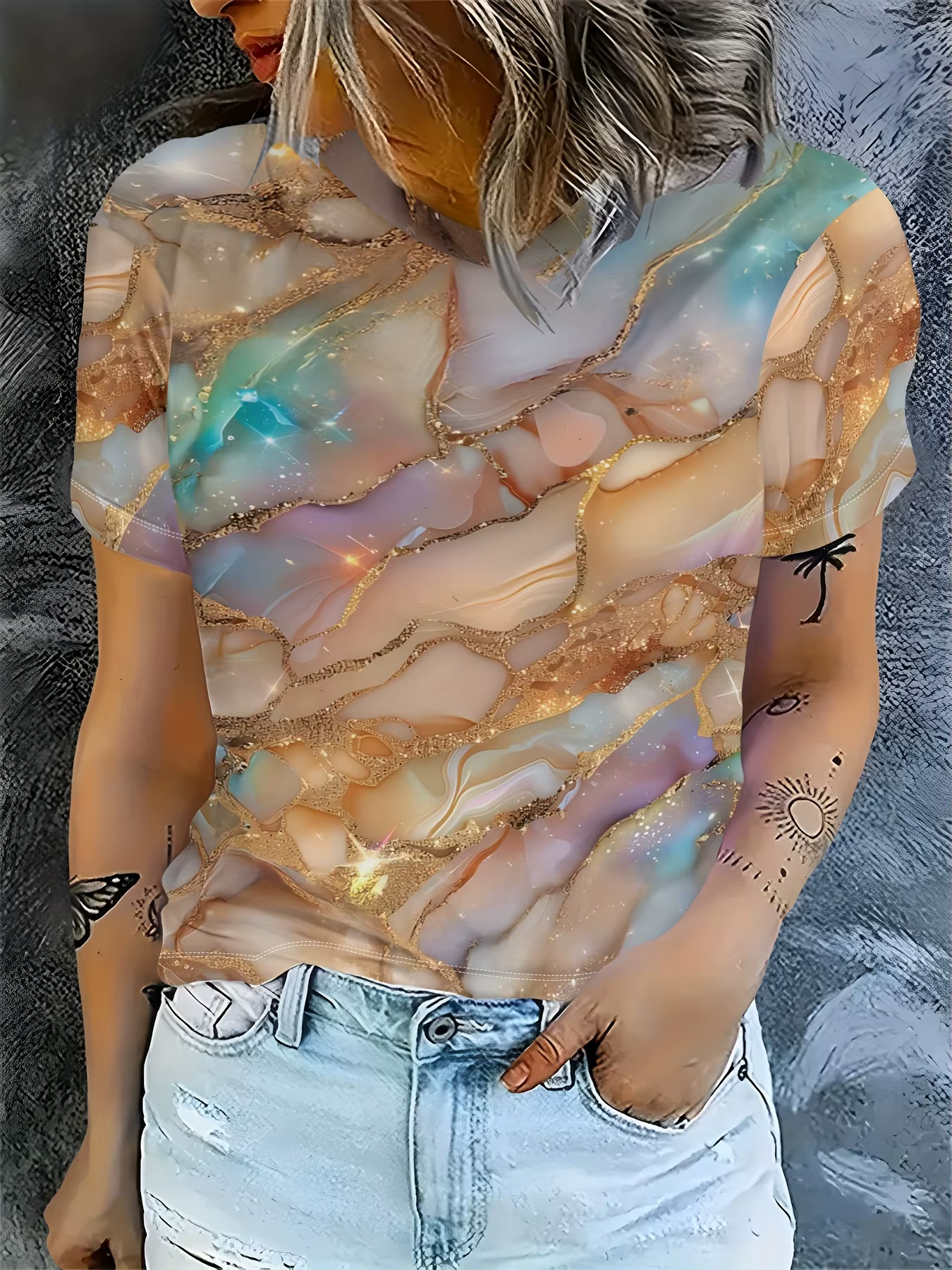 Tee-shirt femme pastel & Gold - Graphique tourbillonnant en marbre scintillant