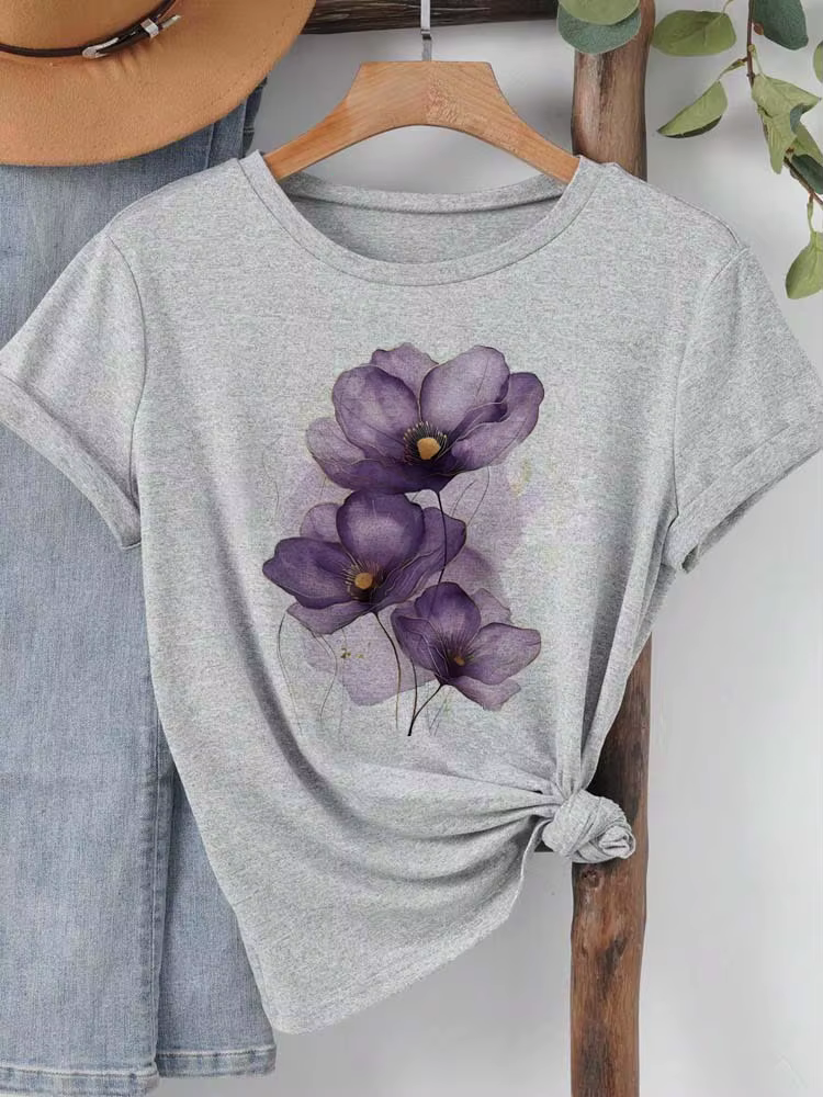 T-shirt femme violet aquarelle fleurs imprimé T petit haut filles Y2k vêtements été à manches courtes t-shirts