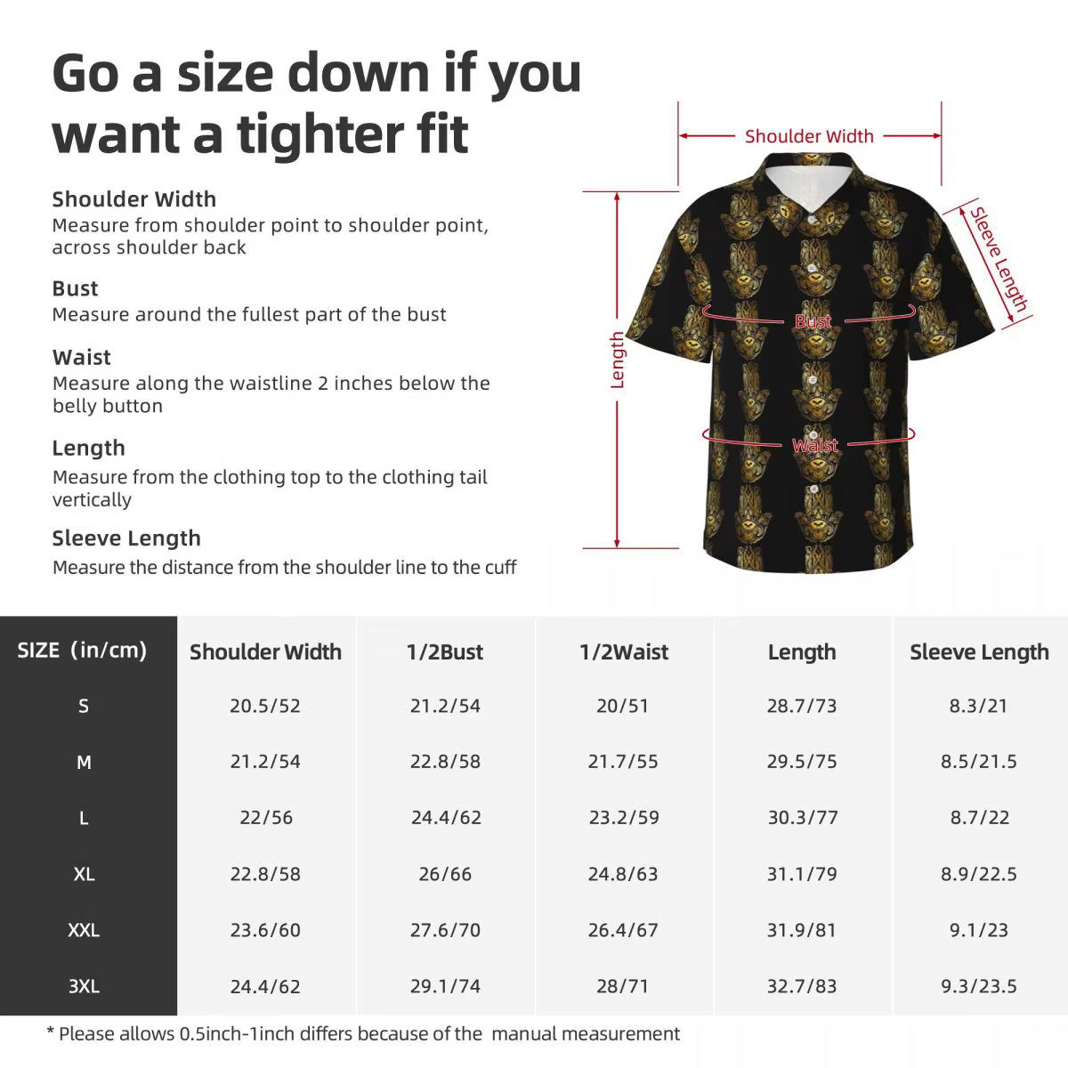 Chemise hawaïenne à main Golden Hamsa pour hommes