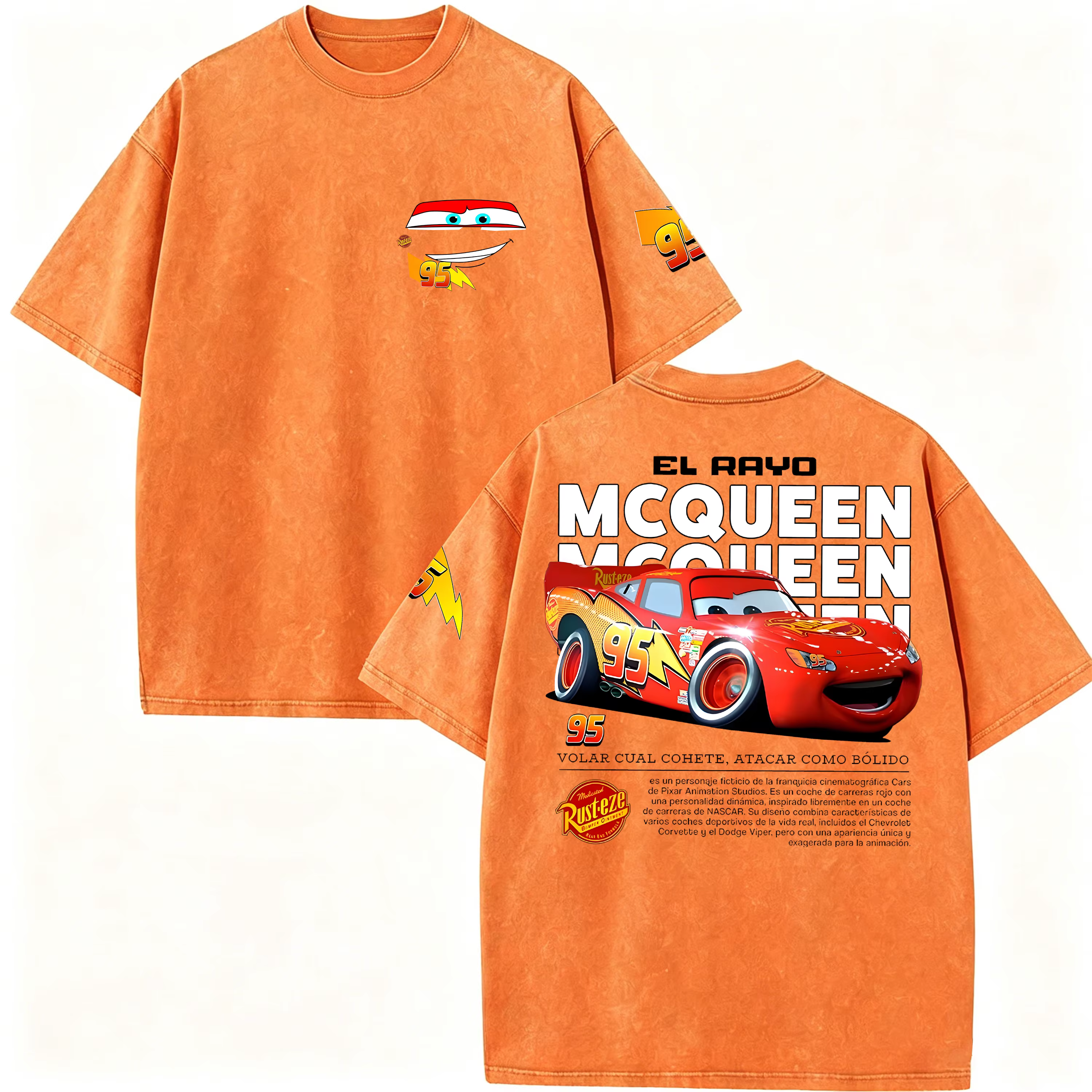 T-shirt Rétro Lightning McQueen Effet Délavé Homme et Femme Coupe Oversize Manches Courtes Motif Voiture Dessin Animé
