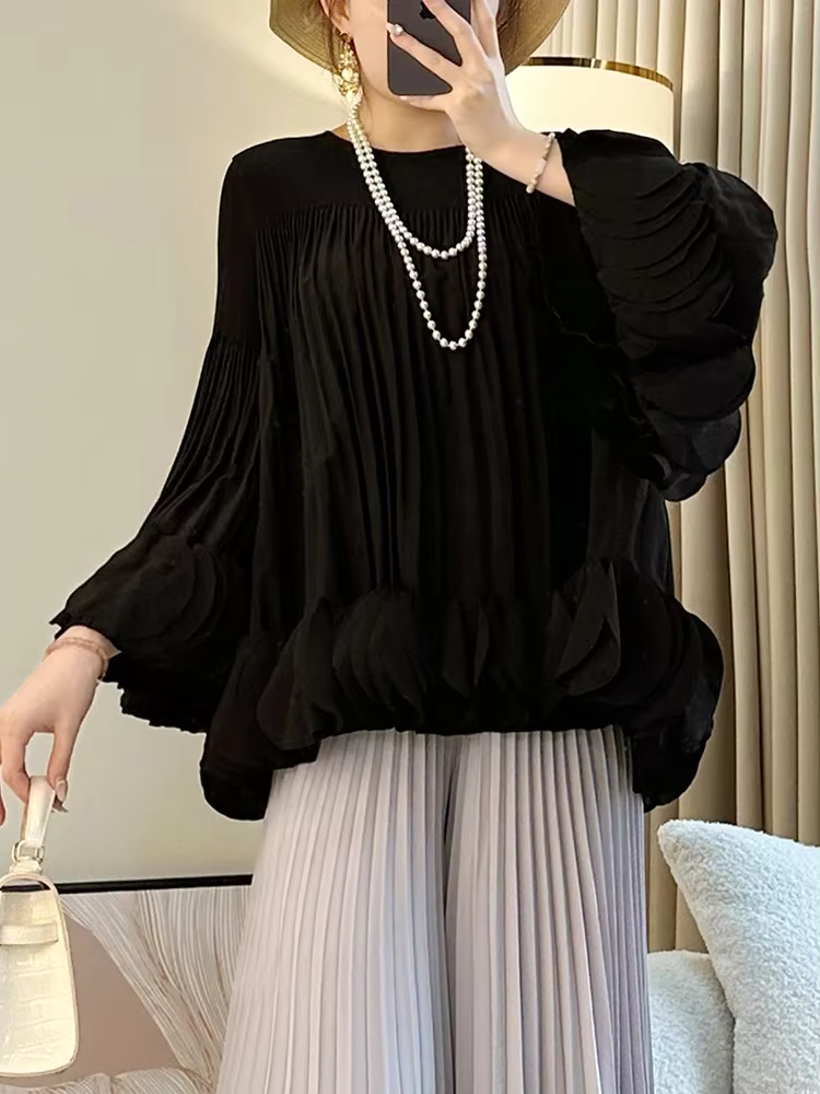 Fold Miyake plissé Appliques t-shirt femmes col rond manches longues couleur unie une ligne ample mode pull nouveau 2025 hauts