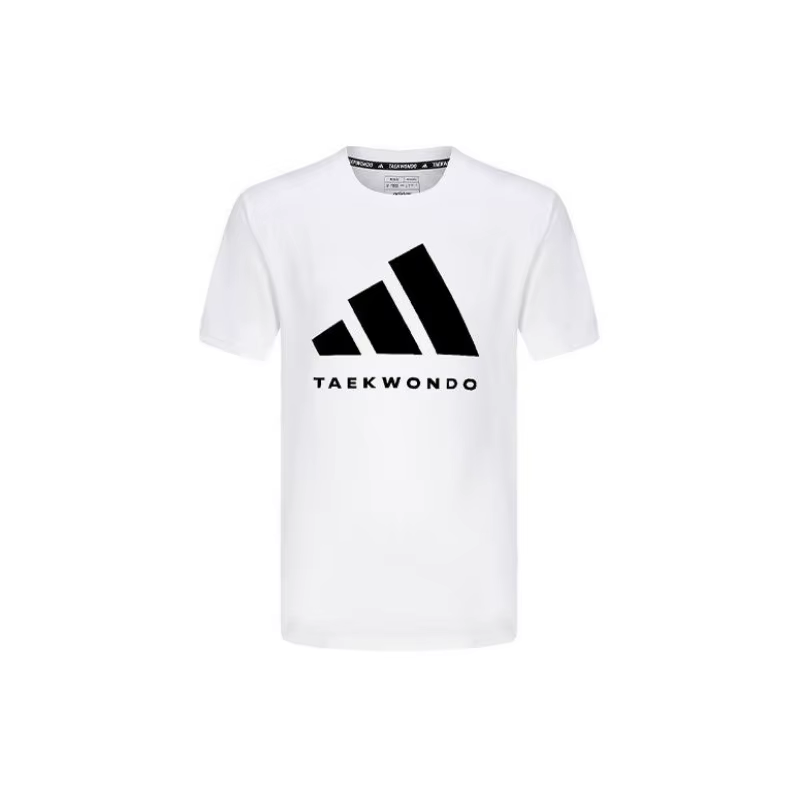 T-shirt adidas blanc et noir à col rond unisexe avec logo TAEKWONDO imprimé