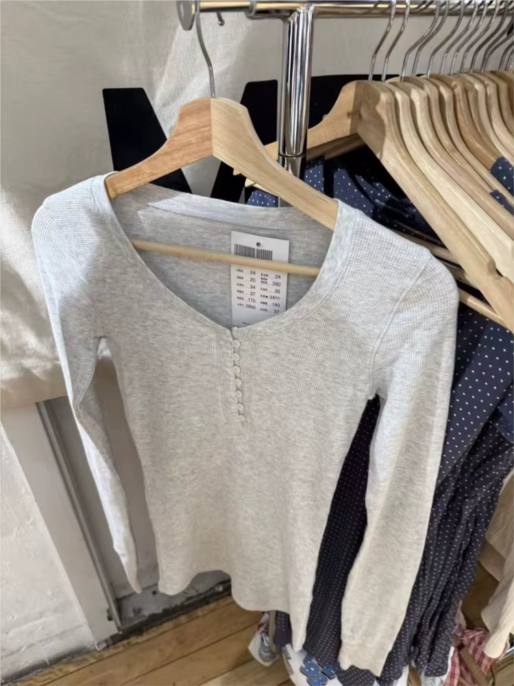 Gris gaufre 7 boutons à manches longues T-shirts femmes automne coton