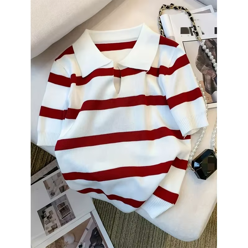 Nouveau pull à col rayé 2026 – Haut court tricoté polyvalent à manches courtes pour femme