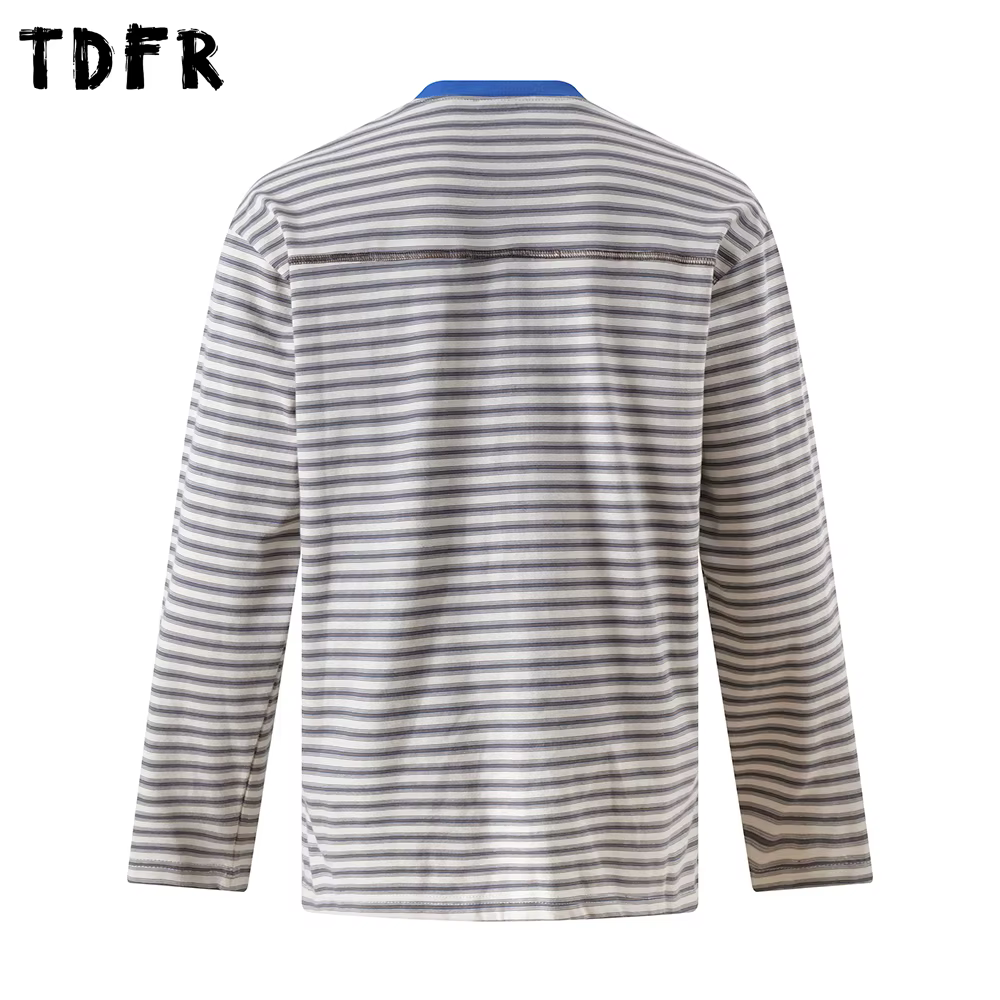 T-shirt à manches longues rayé épissé hommes automne rétro décontracté ample