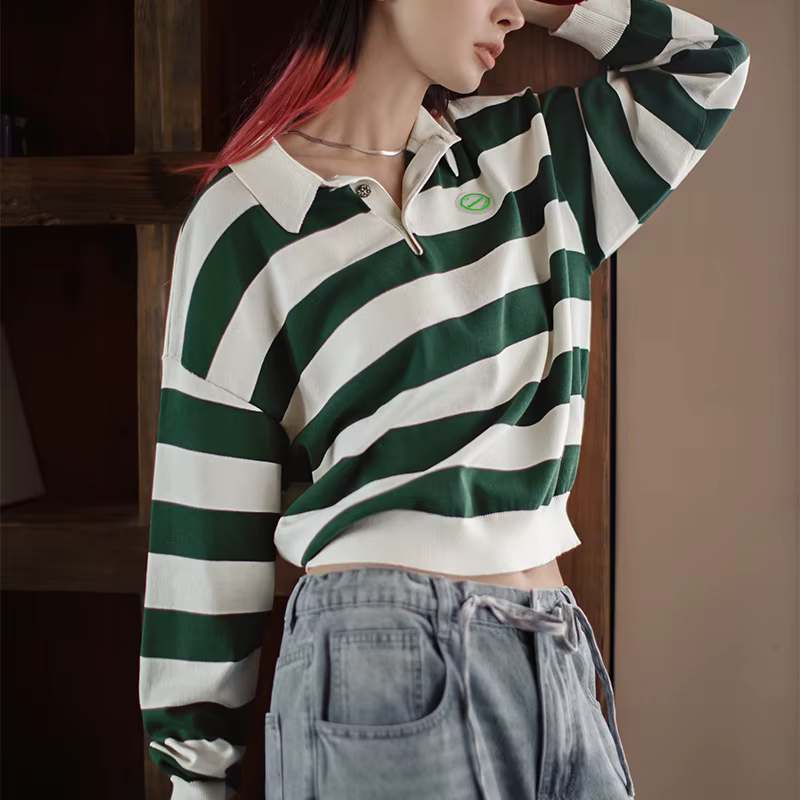 Maden rétro classique blanc et vert couleur bloquant rayé Polo pour les femmes automne à manches longues T-shirt ample décontracté hauts