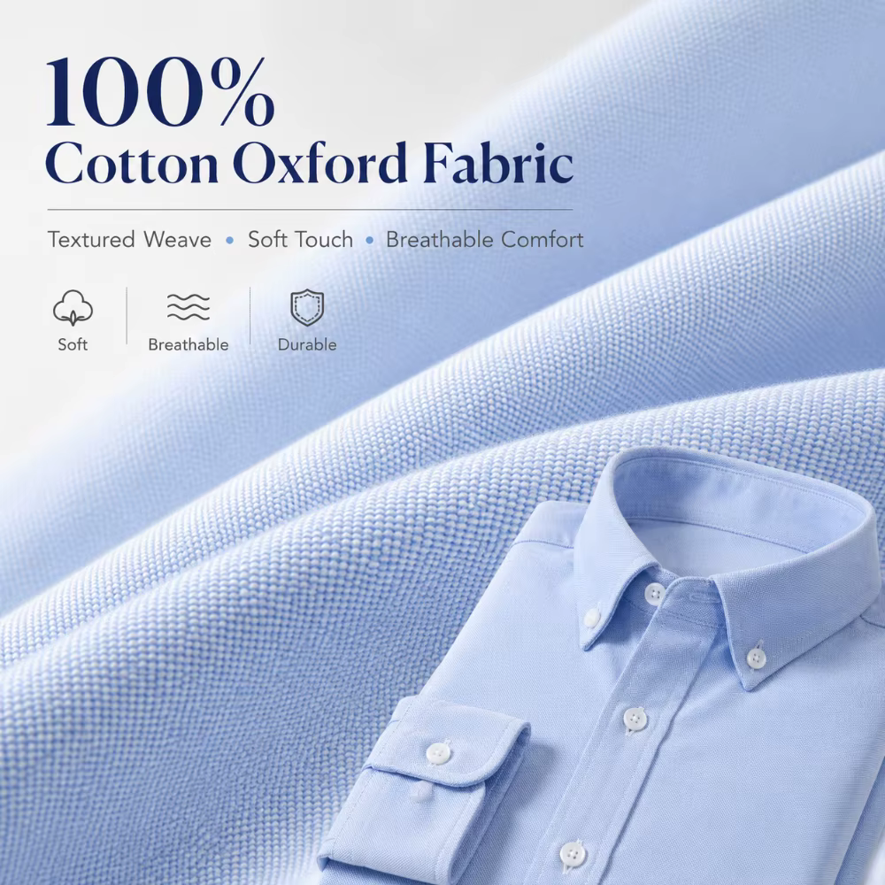 Chemise Homme Oxford Coton Manches Longues Button Down Casual Business Pré-Rétrécie Lavage Enzymatique Respirante Anti-Froissage
