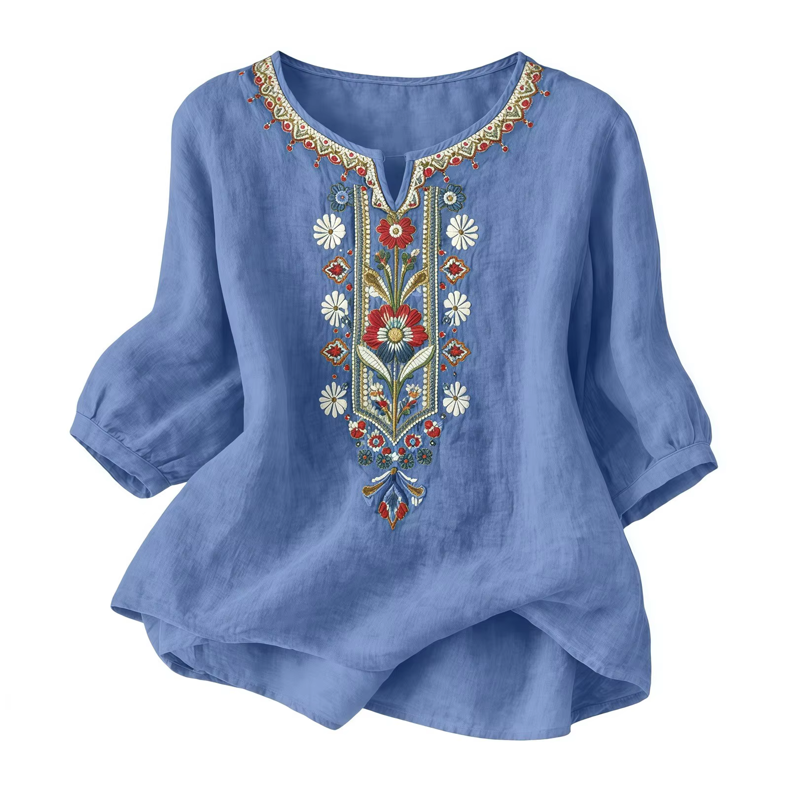 Chemises en lin d'été pour femmes Broderie rétro Tops amples à manches 3/4 Tuniques décontractées Blouses Boho Chemise de plage de vacances Blusas