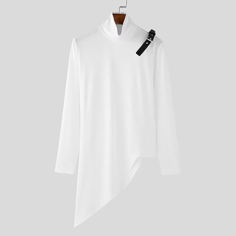 Mode solide fosse rayure T-shirt hommes col montant à manches longues conception irrégulière pull coupe ajustée élastique sport t-shirts Streetwear