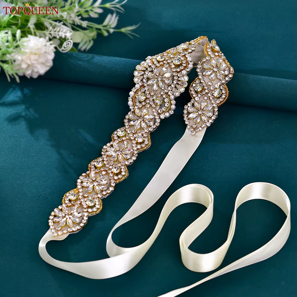 TOPCLS EEN robe de mariée ceinture de luxe cristal doré femmes Saree large biscuits Applique pour soirée robe de mariée cadeaux S161B-G