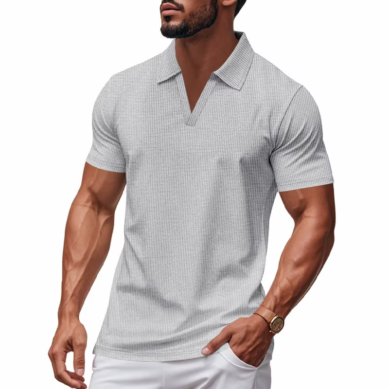 T-shirt Homme Slim Fit Style Américain Décontracté Col Henley Manches Courtes Élastique Col en V Haut de Gamme Été Qualité Supérieure Polo en Soie de Lait