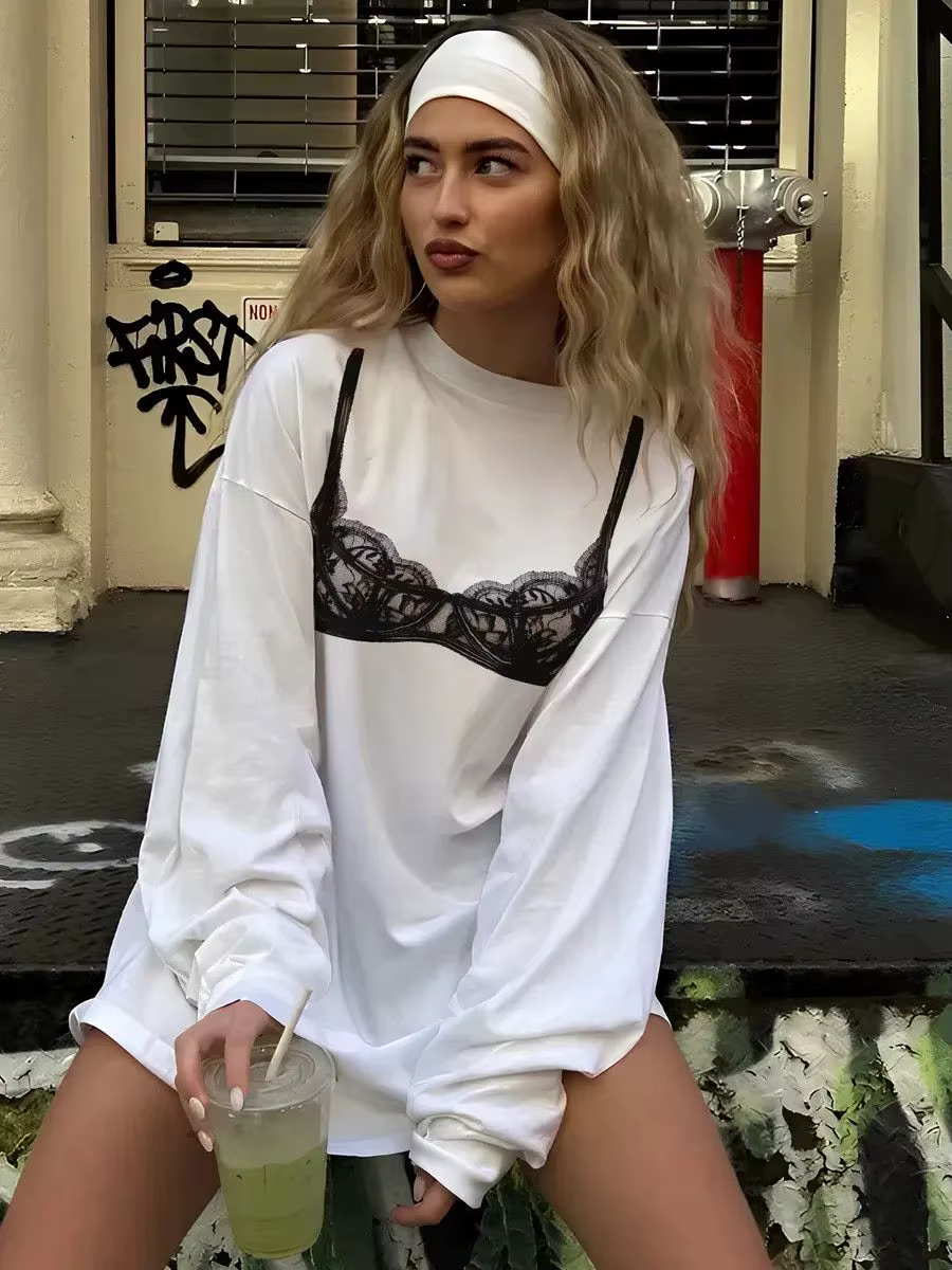 T-shirts décontractés à manches longues en coton pour femmes, imprimés personnalisés, style rétro américain, mignons et amusants