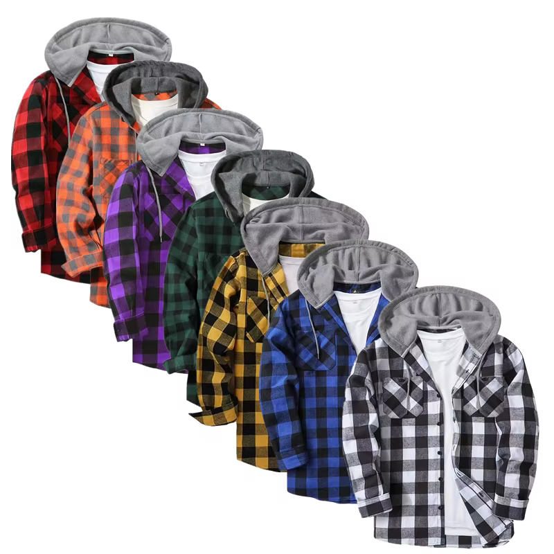Chemise à carreaux ajustée à manches longues avec capuche pour homme