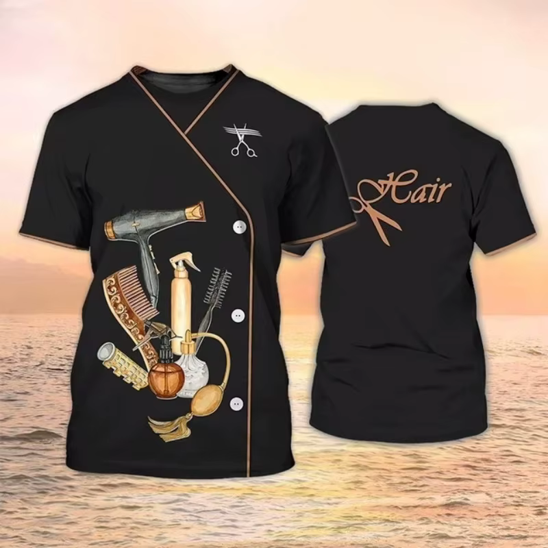 Barbier coiffeur modèle T-Shirt pour femmes Salon esthéticienne 3D imprimé t-shirts été hauts amples manches courtes