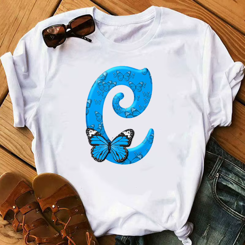 26 lettres anglaises papillon imprimé T-shirt à manches courtes femmes surdimensionné