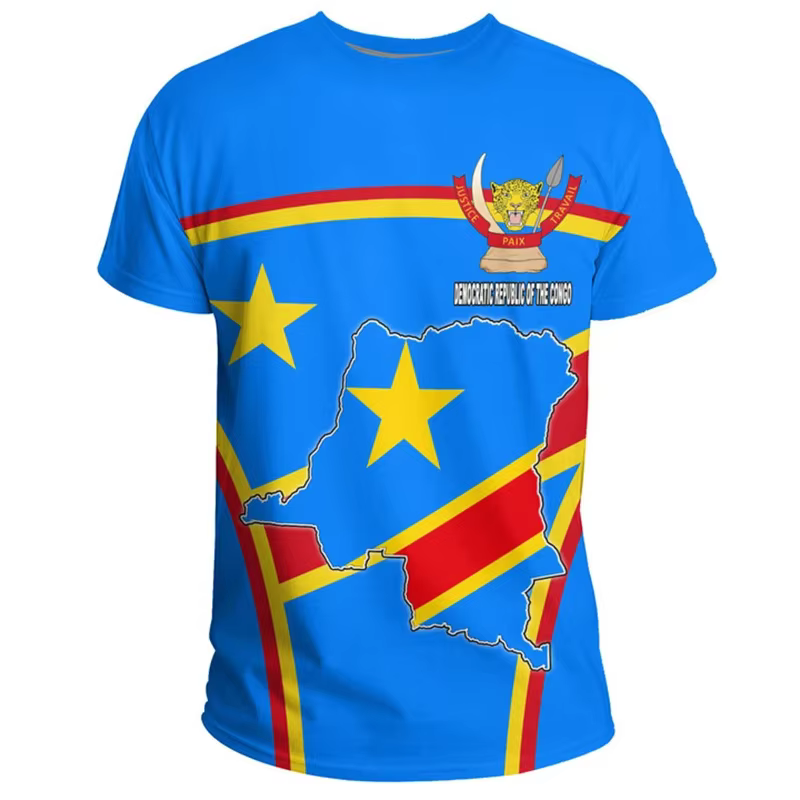 T-shirt à manches courtes à col rond décontracté d'été avec impression 3D de l'emblème national de la République démocratique du Congo