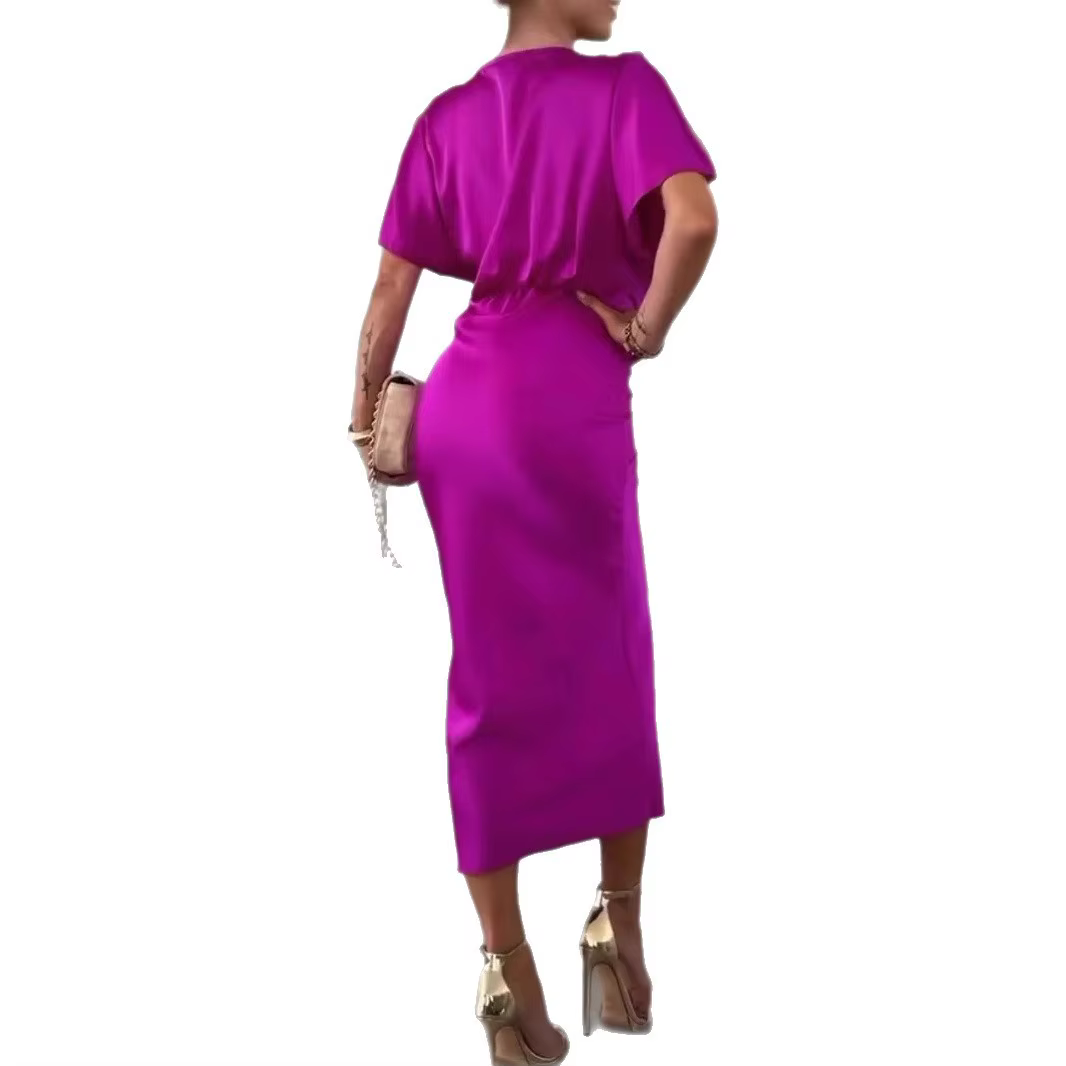 Robe longue élégante pour femme, style tendance, nouvelle collection été, en tissu polyester, taille haute, manches courtes, col en V, jupe à godets