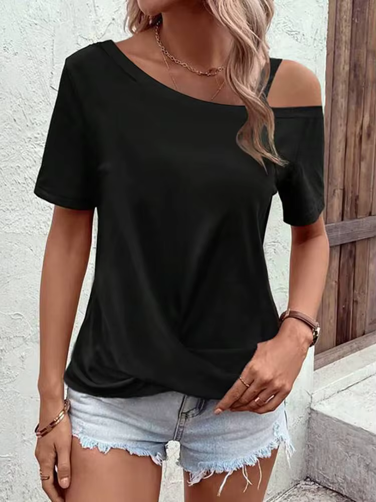 T-shirt femme noir printemps-été à une épaule