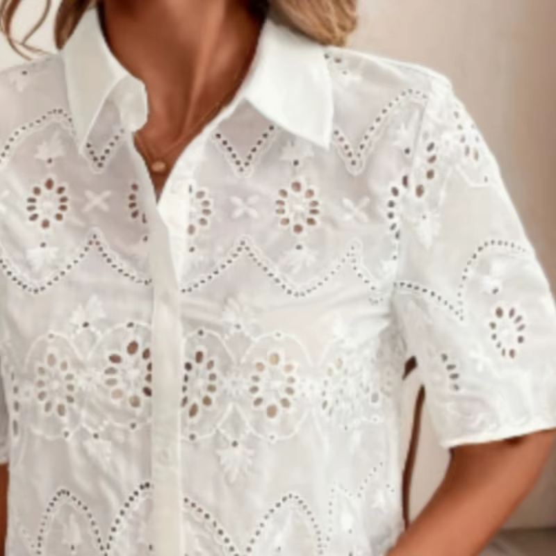 Femmes blanc chemise élégante mode crochet fleur creux à manches courtes hauts chemises