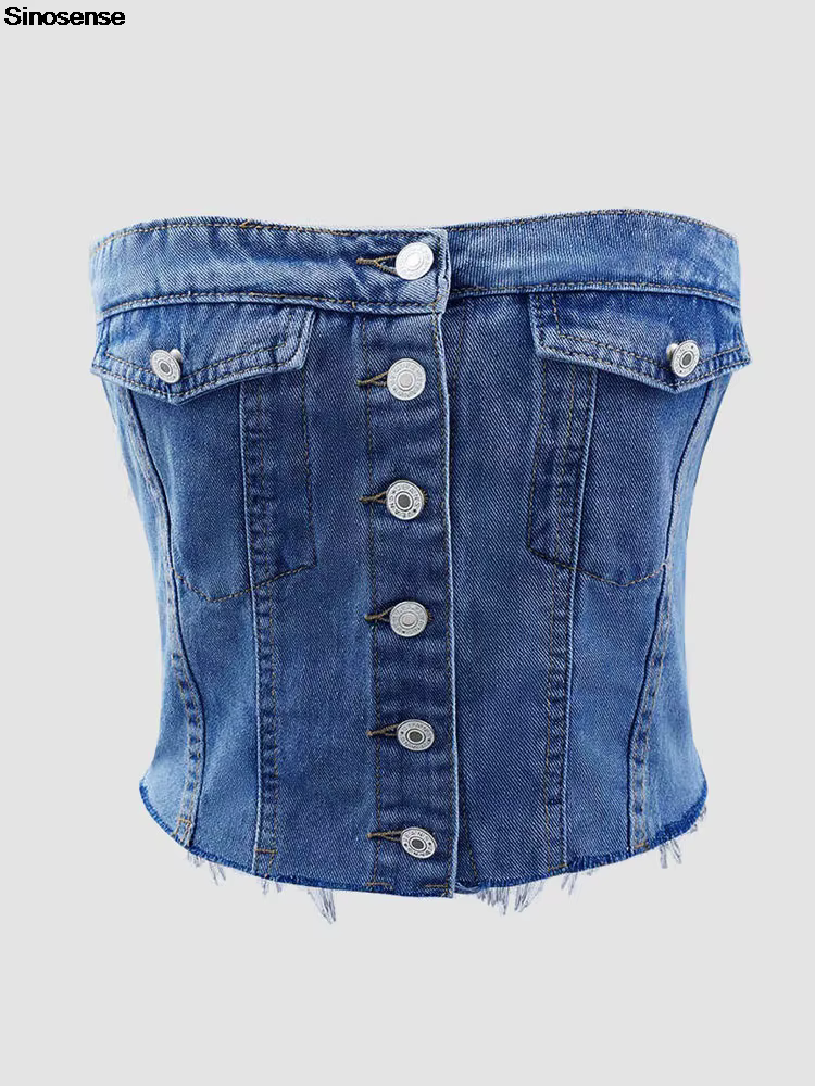 Haut court en denim sans bretelles pour femme