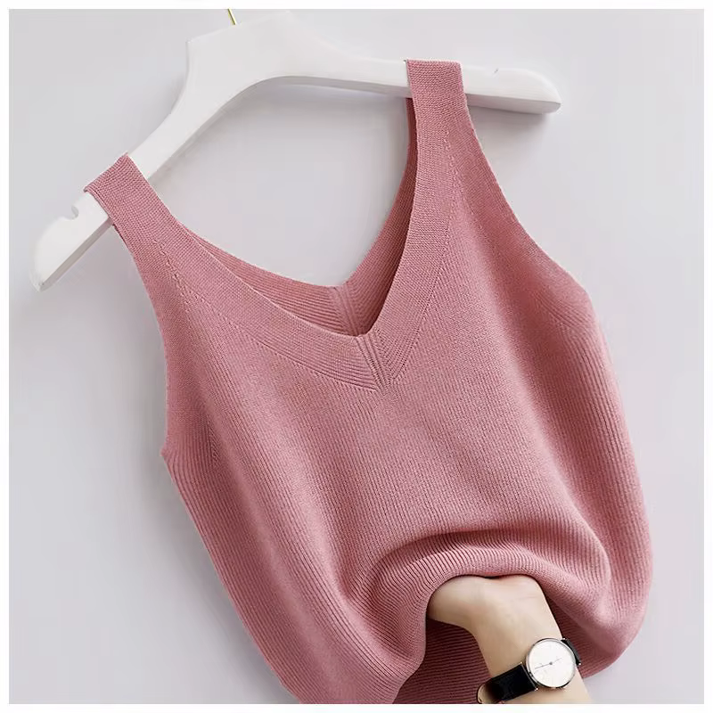 Tricot Vintage débardeur col en v sans manches esthétique ample vêtements d'été pour les femmes solide basique élégant