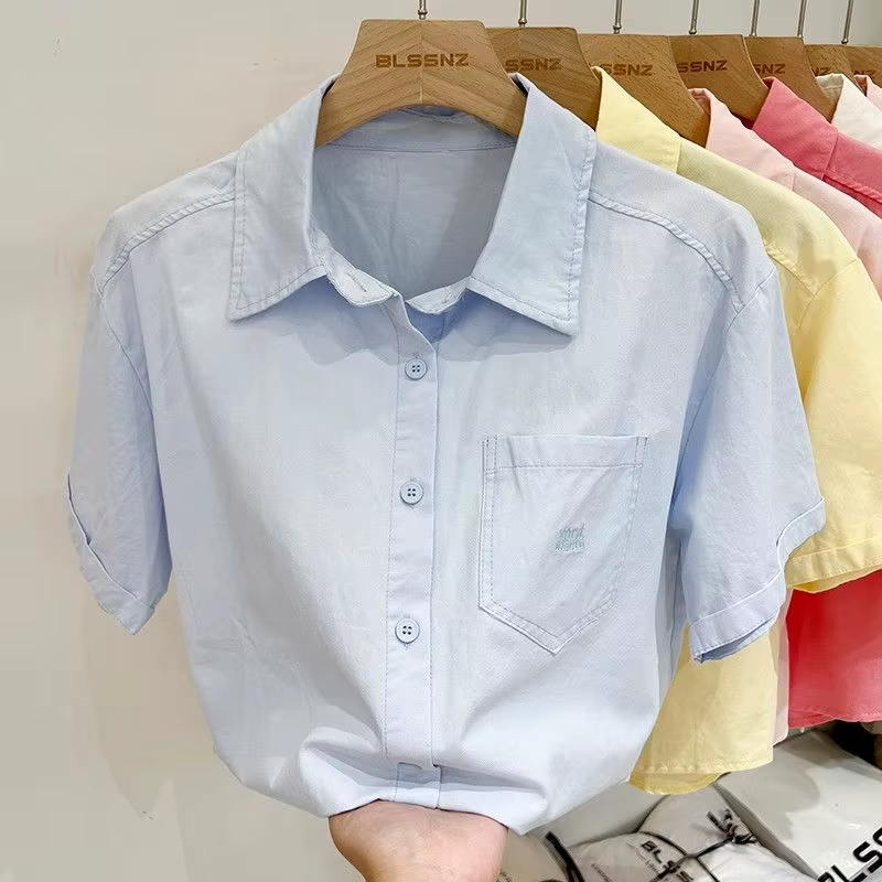 Été coton à manches courtes hauts femmes 2025 nouveaux cols Polo chemise courte brodée Blouses décontractées amples