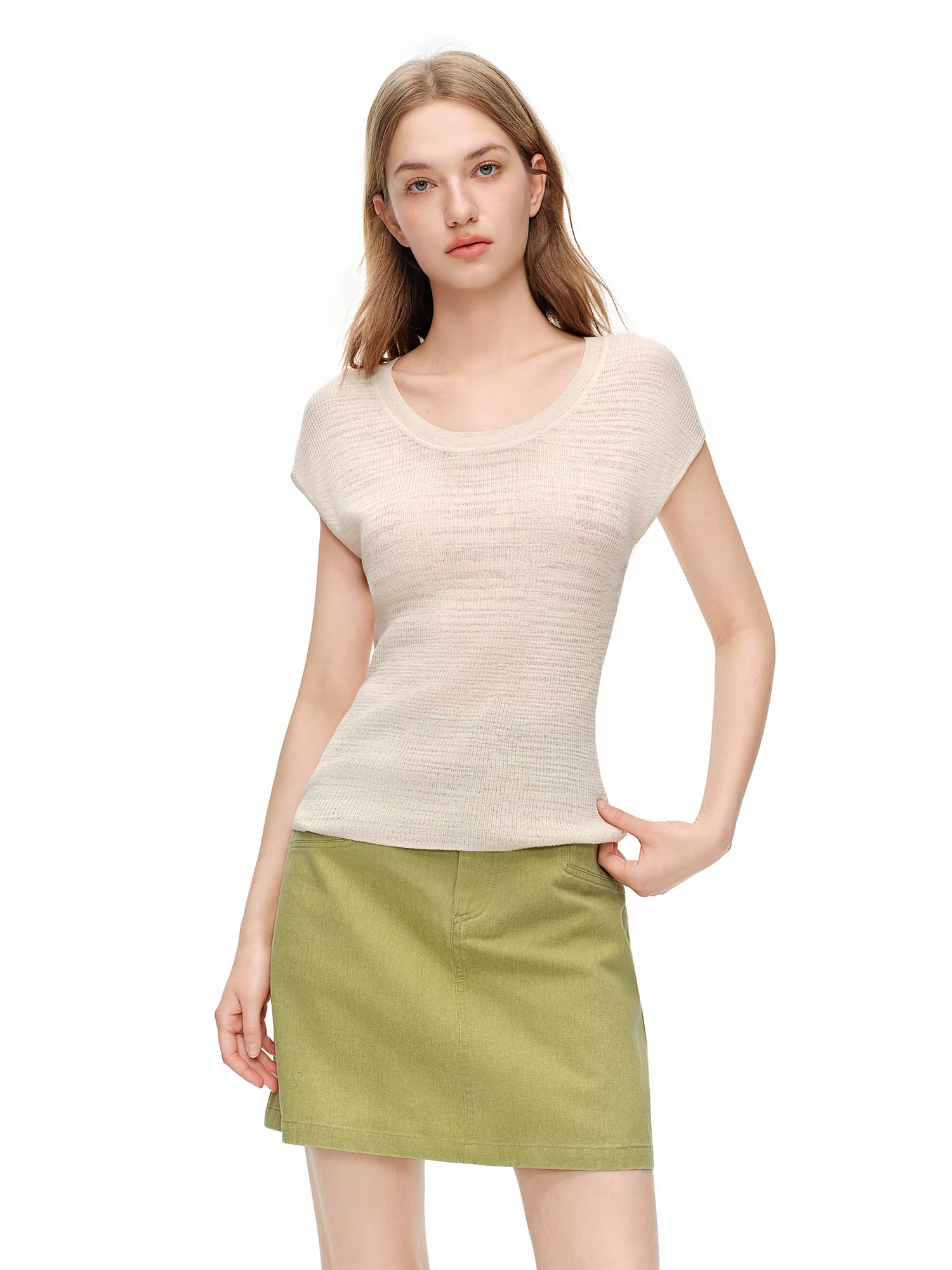 DUSHU T-shirt en maille col U en mélange de lin