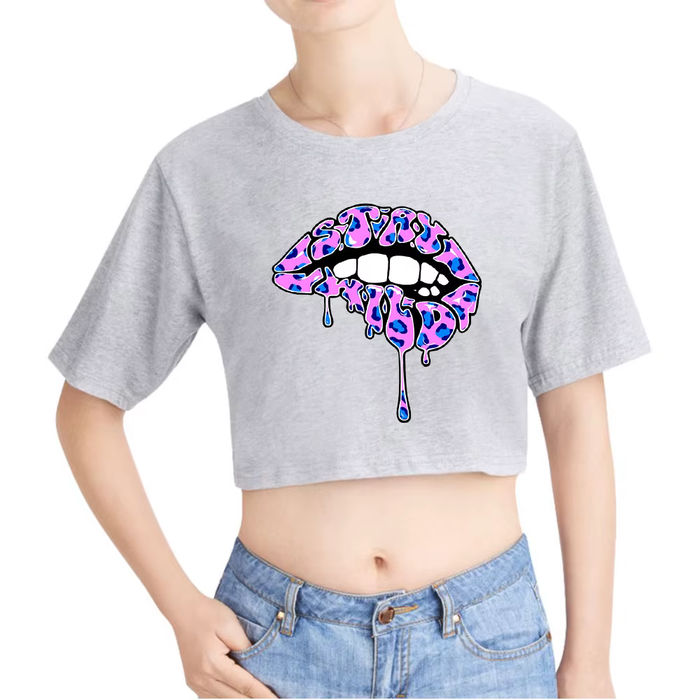 Ben Azelart Stay Wild Lip Vintage 90s Crop Top Exposed Navel T-Shirt Oversize O-Neck Tops Women Funny