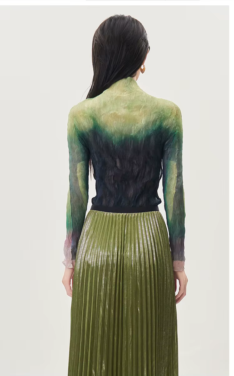 T-shirt plissé léger et transparent à manches longues pour femme