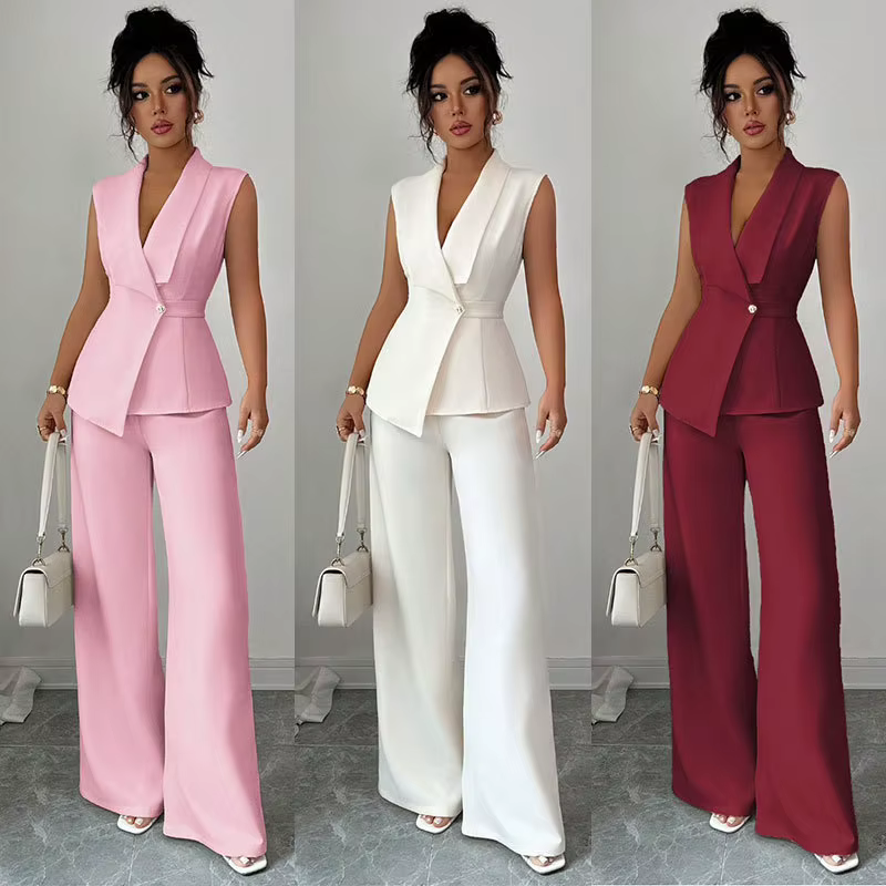 Ensemble élégant 2 pièces pour femme : Gilet blazer sans manches à col en V et pantalon large – Tenue de bureau professionnelle