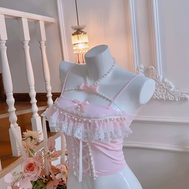 Haut court en dentelle en forme de cœur pour femmes, garniture mignonne, décoration de nœud, coupe couvertes, vêtements Sweet Girls, style Lolita Kawaii, été