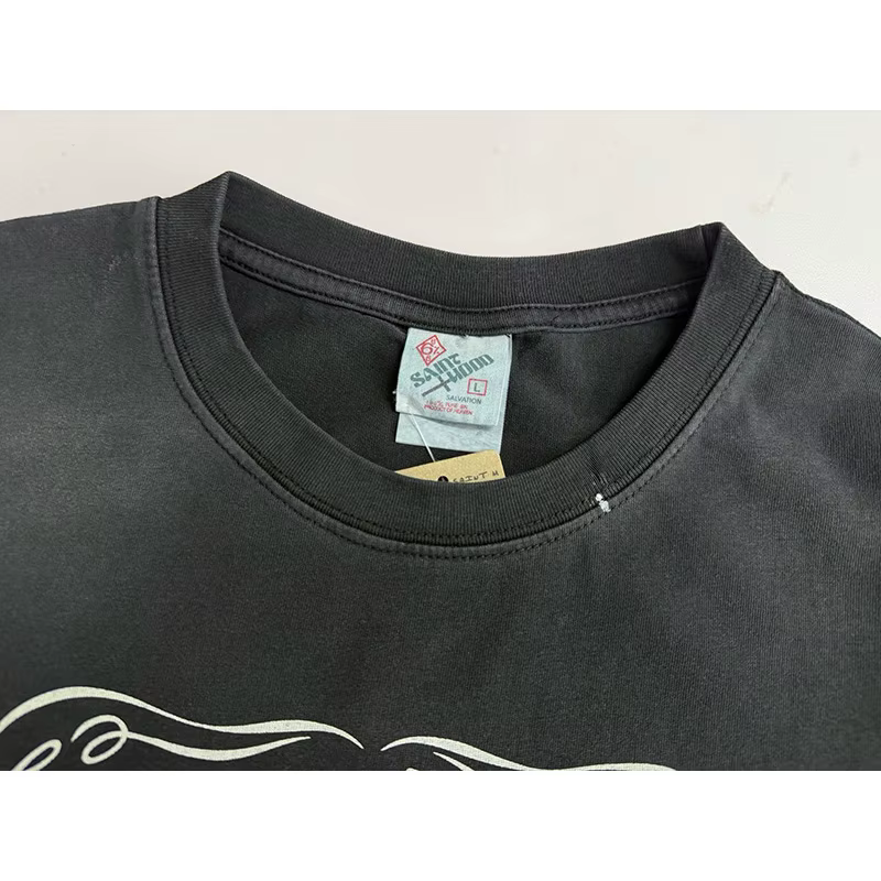 Vintage lavé noir Streetwear Saint capuche T-Shirt hommes femmes surdimensionné ange crâne amour imprimé Splash-encre