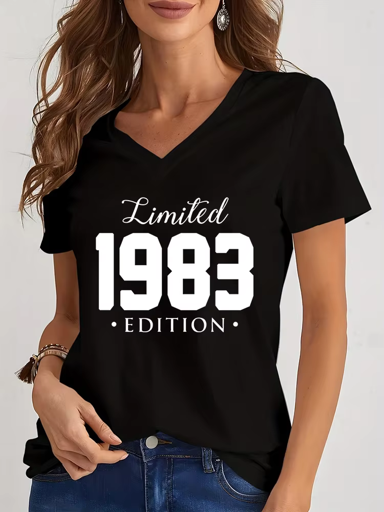 Femmes col en V t-shirt édition limitée 1984/1985 graphique t-shirt femmes anniversaire Y2k haut drôle Vintage femmes surdimensionné t-shirt