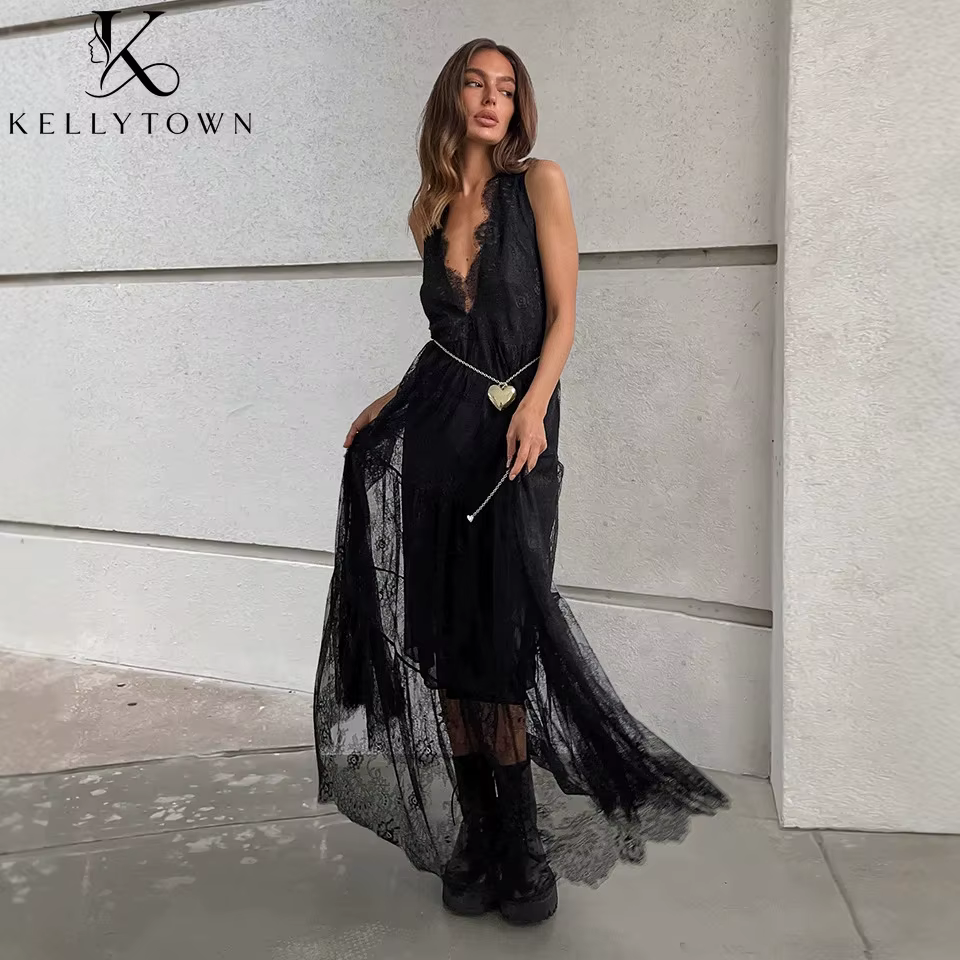 Robe longue sexy en dentelle pour femme