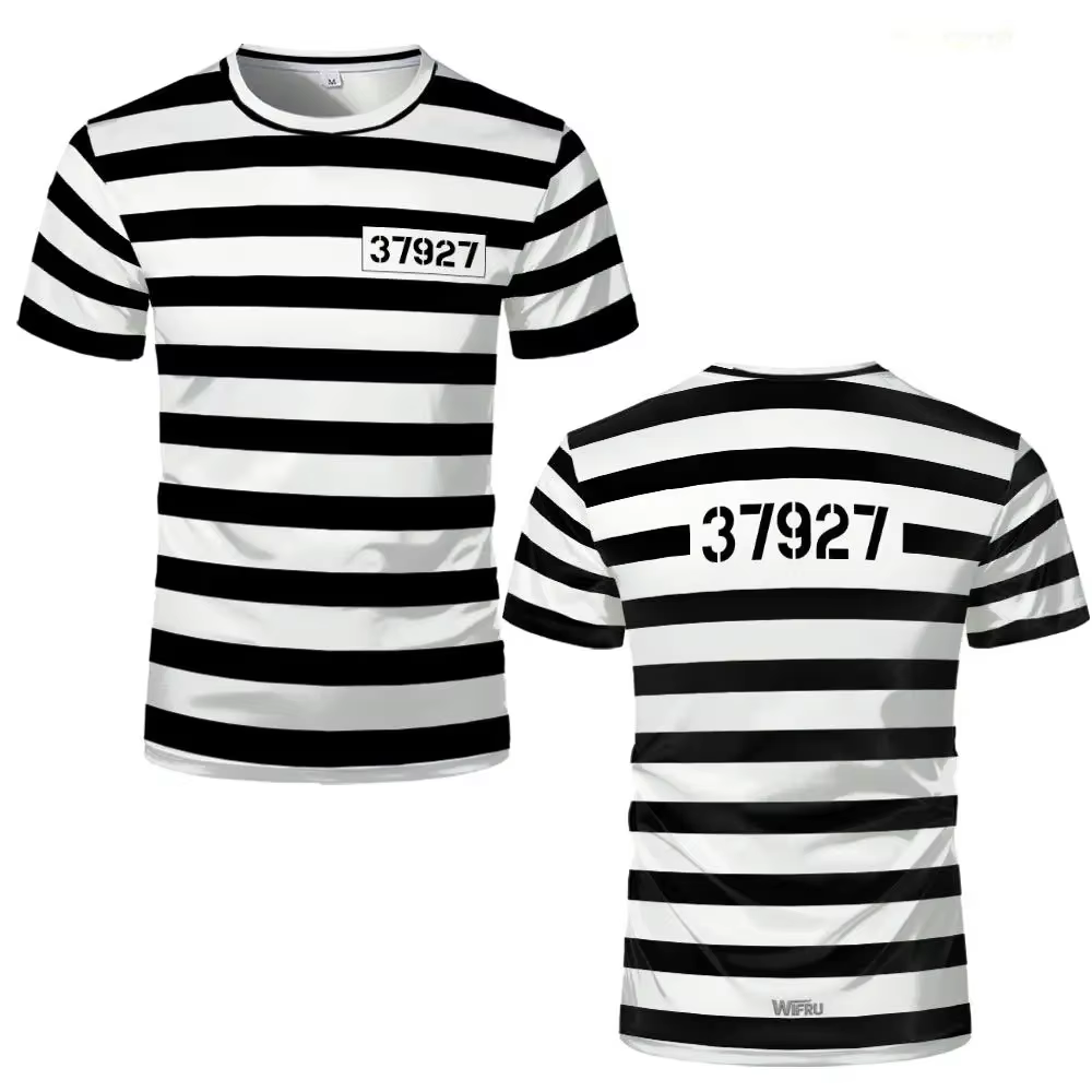 Nouveau T-shirt rayé Prisonnier 2026 Noir et Blanc Thème Prison Amusant et Original Manches Courtes Costumes de Fête Cosplay Homme et Femme