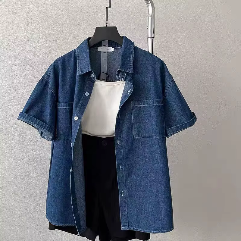 Chemise décontractée vintage en denim ample à manches courtes pour femmes printemps été nouveau style polyvalent col