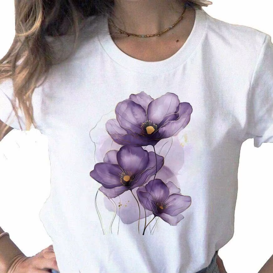 T-shirt femme violet aquarelle fleurs imprimé T petit haut filles Y2k vêtements été à manches courtes t-shirts