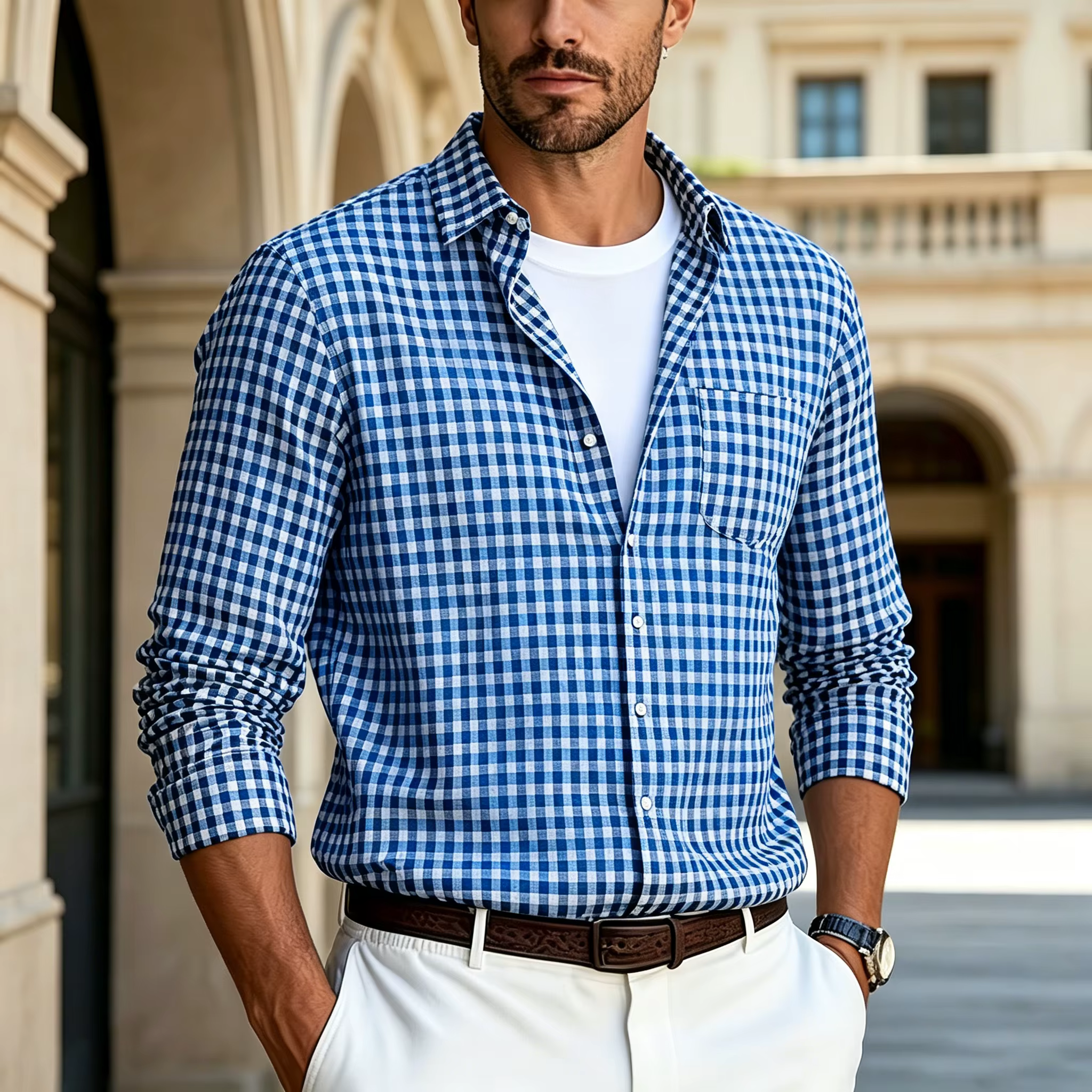 Chemise à carreaux fins à manches longues pour homme