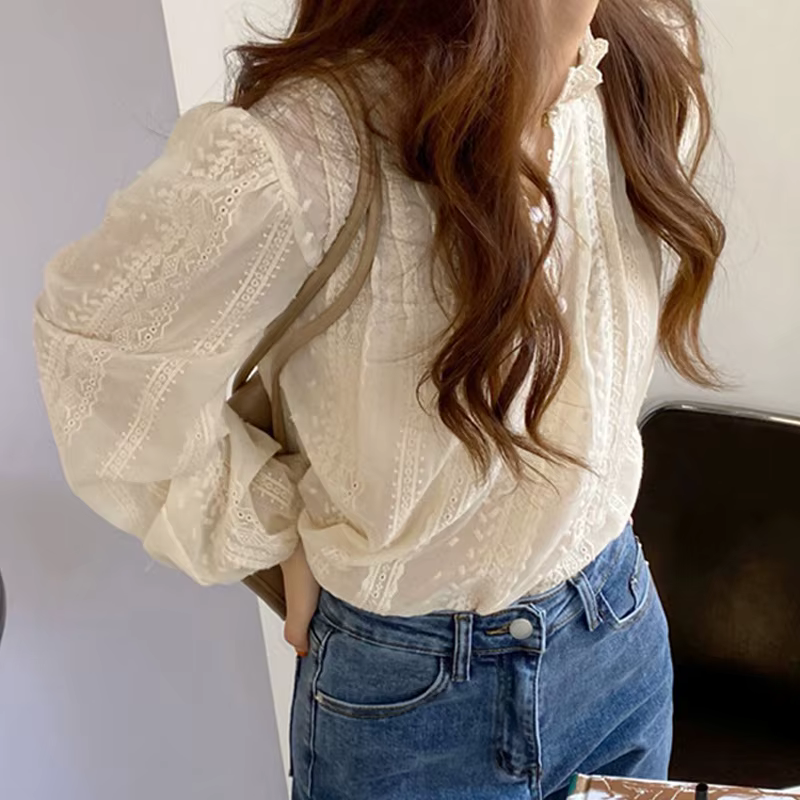 Élégant dentelle femmes mode Blouse nouveau printemps automne à manches longues décontracté bureau chemise ample dames col montant haut Simple vêtements