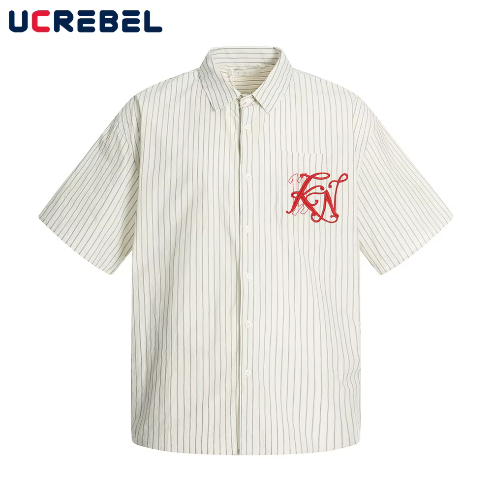 Lettre broderie rayé chemises à manches courtes hommes été haute rue simple boutonnage revers ample demi-manches