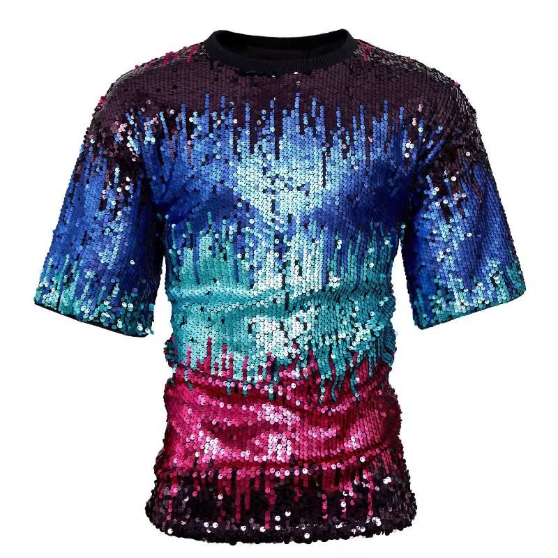 T-shirts à sequins colorés à manches courtes pour hommes, collection 2026, parfaits pour les soirées brillantes et les spectacles sur scène
