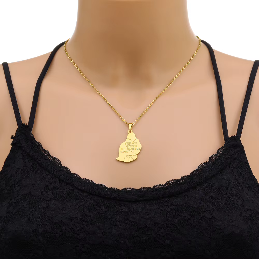 ILE Lung Map City Pendentif Collier pour Homme et Femme, Acier Inoxydable, Or, Argent, Document, Afrique, Maurice, Cartes, Bijoux, Cadeau