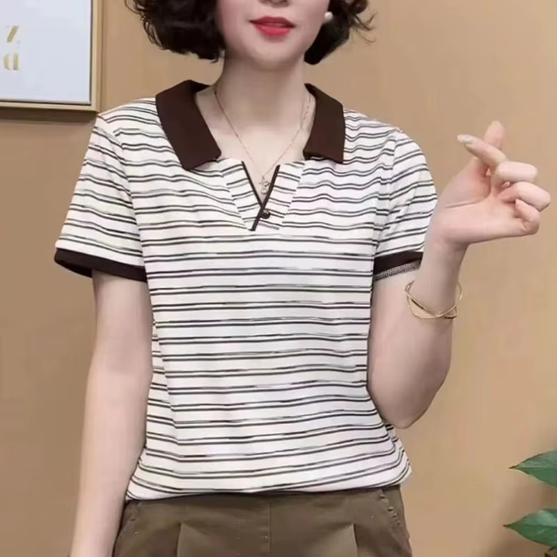 Nouveauté Été : Polo rayé à revers pour femme, coupe ample à manches courtes, style décontracté et polyvalent