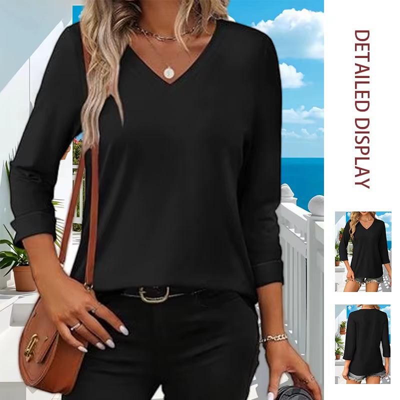 Nouveau T-shirt polyvalent pour femme style occidental 2026 à manches trois-quarts et col en V