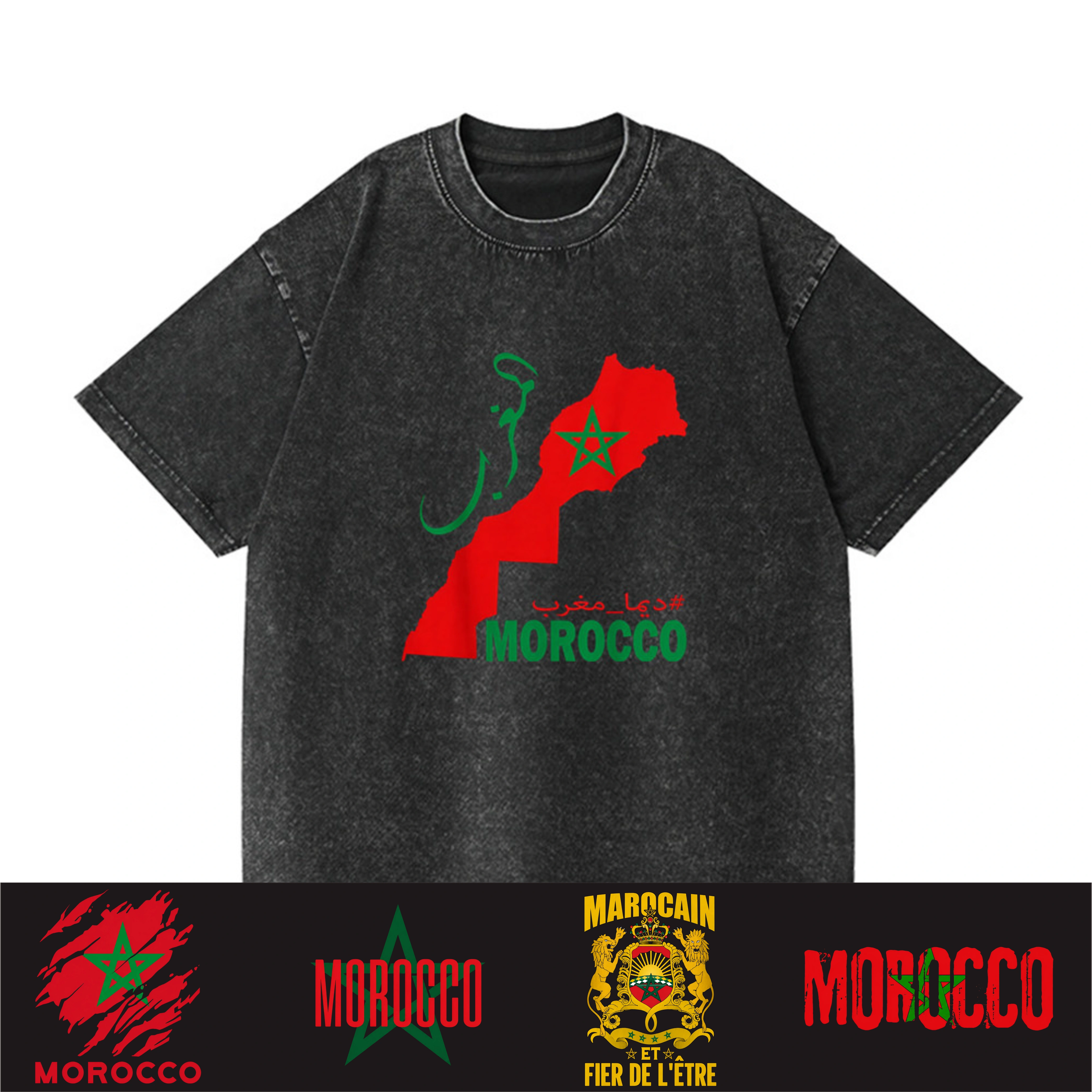 T-shirt Carte du Maroc Drapeau Vintage en Coton Lavé Décontracté pour Hommes et Femmes HJ-012