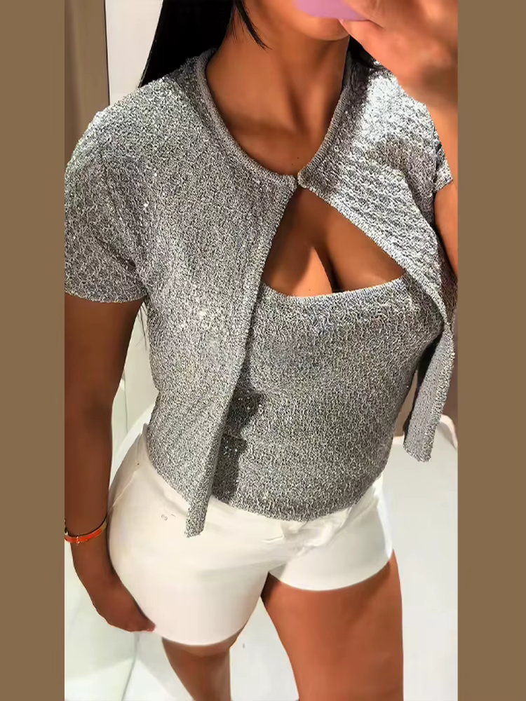 Haut court tricoté à paillettes pour femmes